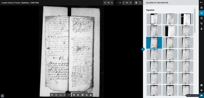 visionneuse_monocle (png - 972 Ko) - <p class="description">Archives départementales des Deux-Sèvres et de la Vienne - Registre des baptêmes de Loudun (1539-1544) </p>